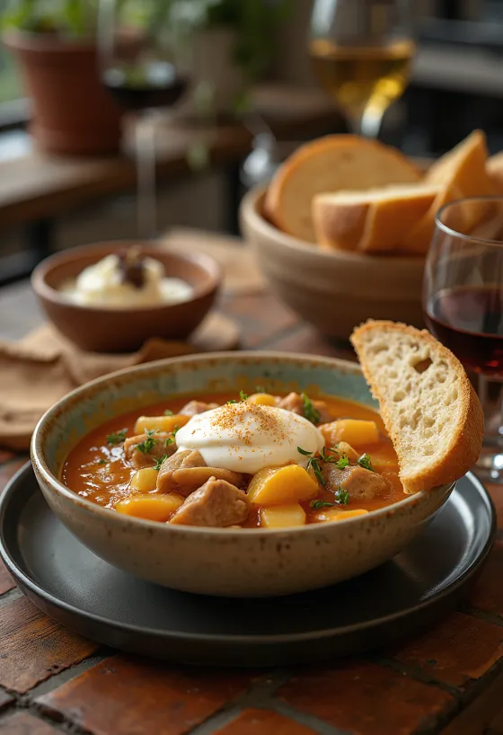 Gulai kubis Székely tradisional dengan daging sapi berair dan kubis asam, disajikan dengan krim asam.