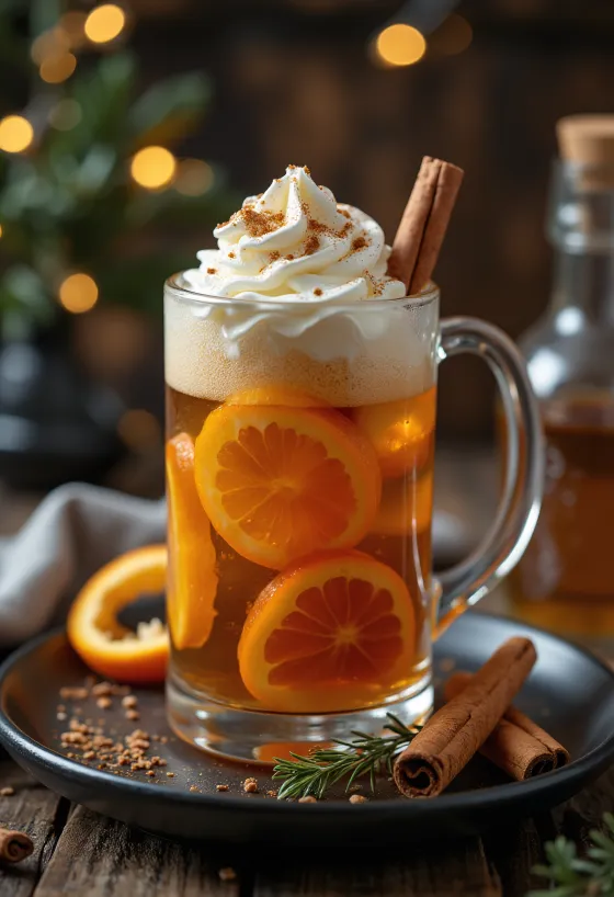 Cider Natal panas dengan hiasan irisan jeruk dan batang kayu manis