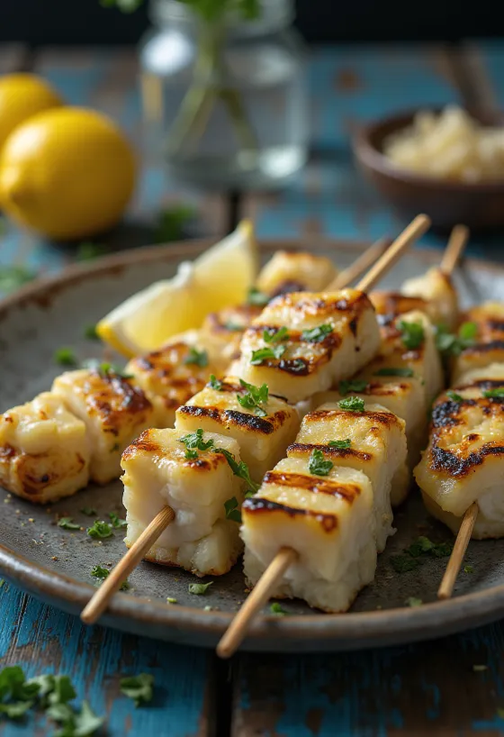 Daging buaya bakar disajikan dengan lemon dan sayuran panggang
