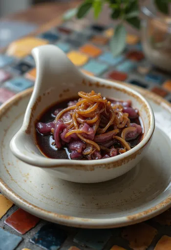Saus anggur merah bawang bombay karamellisasi disajikan