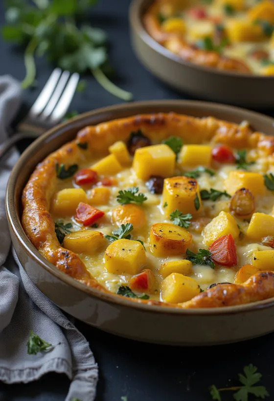 Quiche dasar kentang tumbuk dipotong iris