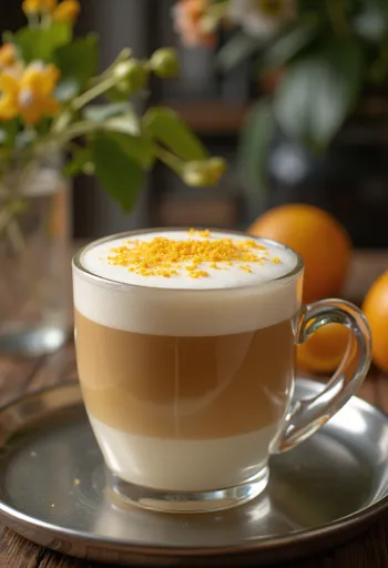 Minuman kopi latte jeruk vanila dihiasi dengan krim kocok dan irisan jeruk
