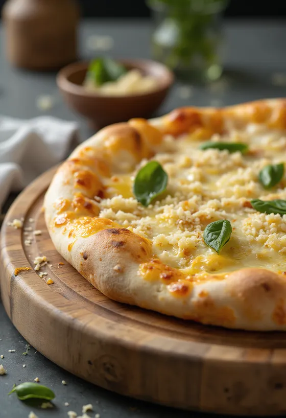 Pizza putih disajikan dengan ricotta, mozzarella, dan rempah segar