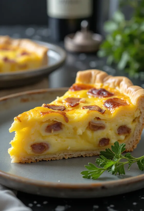 Quiche Lorraine klasik, dalam adonan rapuh renyah dengan isian creamy, potongan daging sapi asap, dan keju