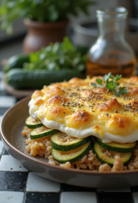 Zucchini panggang lapis dengan daging sapi dan krim asam