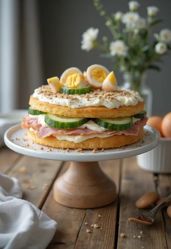 Smörgåstårta dengan daging asap sapi dan ayam disajikan