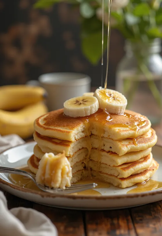 Pancake pisang disajikan dengan buah segar dan madu