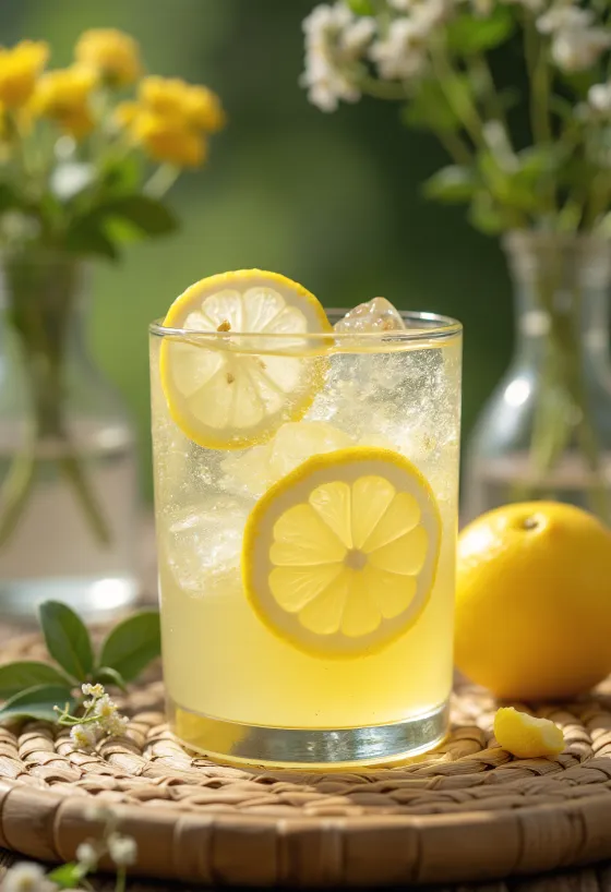 Minuman cider lemon elderflower dihiasi dengan irisan lemon dan bunga elder