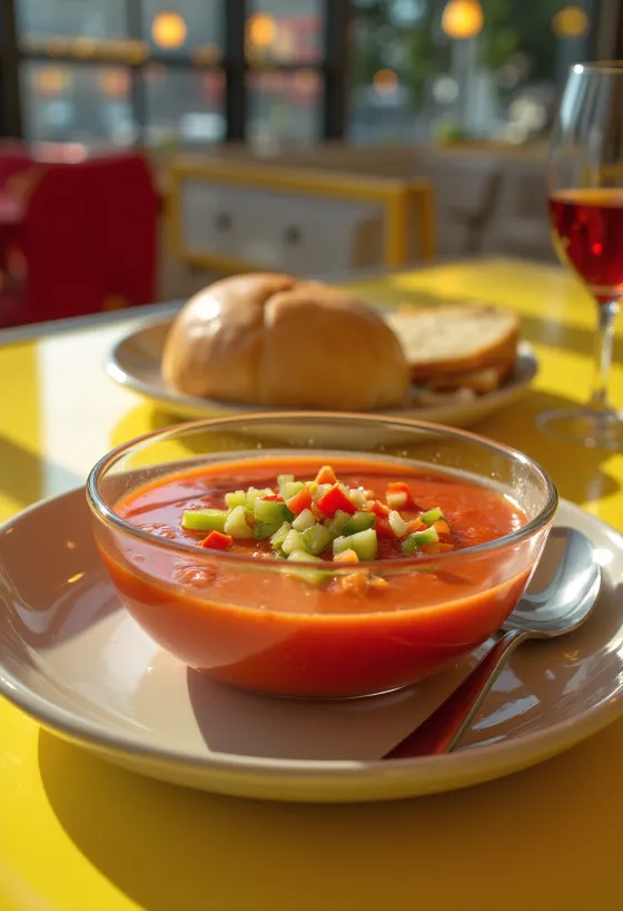 Gazpacho segar disajikan dingin es, dihiasi dengan sayuran cincang