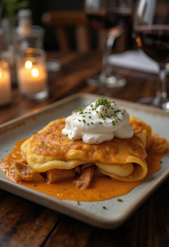 Pancake isi daging Hortobágyi disajikan dengan Krim Asam dan peterseli segar.