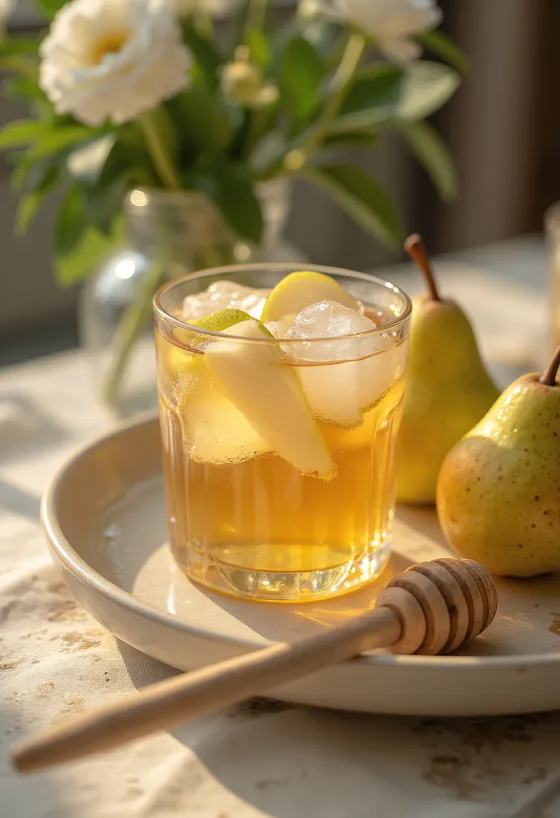 Cider pir Irlandia dingin dalam gelas dengan irisan pir segar dan daun mint