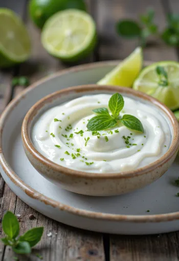 Saus yogurt jeruk nipis ketumbar disajikan dalam mangkuk dengan ketumbar segar dan irisan jeruk nipis.