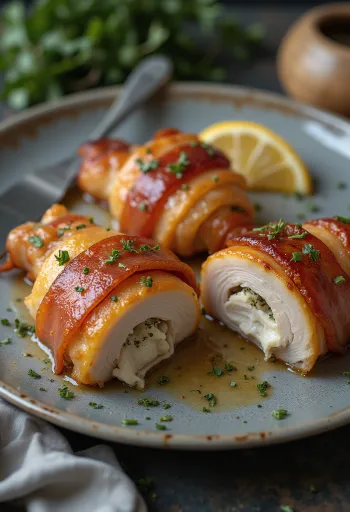 Dada ayam gulung daging sapi asap yang dipanggang kecokelatan dan diiris