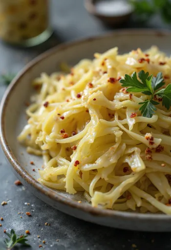 Sauerkraut pedas dengan potongan kubis dan rempah-rempah