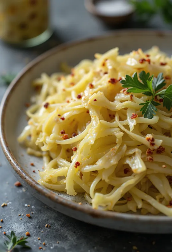 Sauerkraut pedas dengan potongan kubis dan rempah-rempah