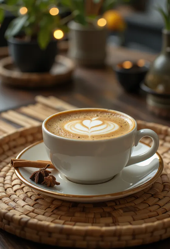 Minuman kopi latte kayu manis cengkeh dihiasi dengan batang kayu manis dan krim kocok