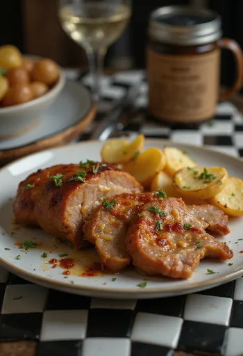 Daging sapi bawang putih dipanggang renyah, disajikan dengan rempah segar