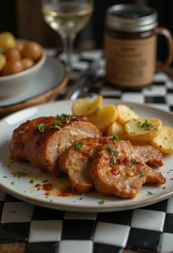 Daging sapi bawang putih dipanggang renyah, disajikan dengan rempah segar