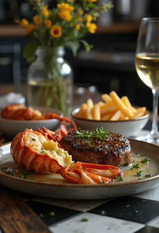 Lobster dan steak bakar, hidangan surf and turf mewah