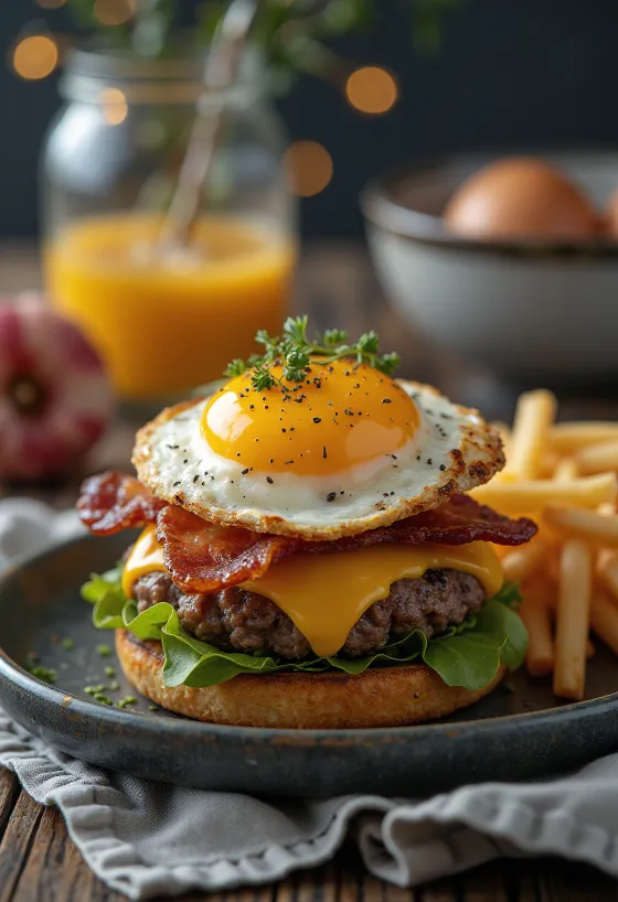 Hamburger sarapan dengan daging sapi asap dan telur