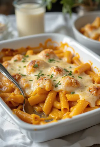 Pasta panggang labu kuning, disajikan dengan keju vegan panggang