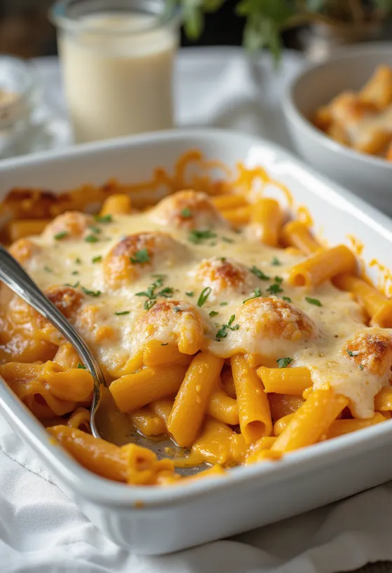 Pasta panggang labu kuning, disajikan dengan keju vegan panggang