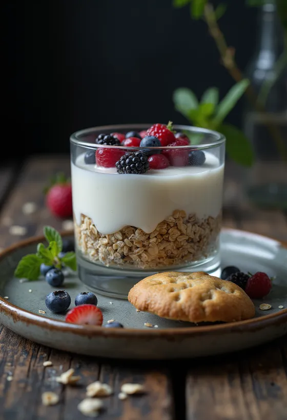 Panna cotta dasar biskuit oat dalam gelas saji