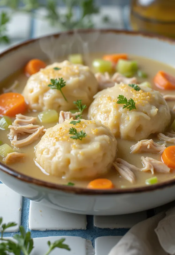 Mangkuk sup Chicken & Dumplings yang creamy
