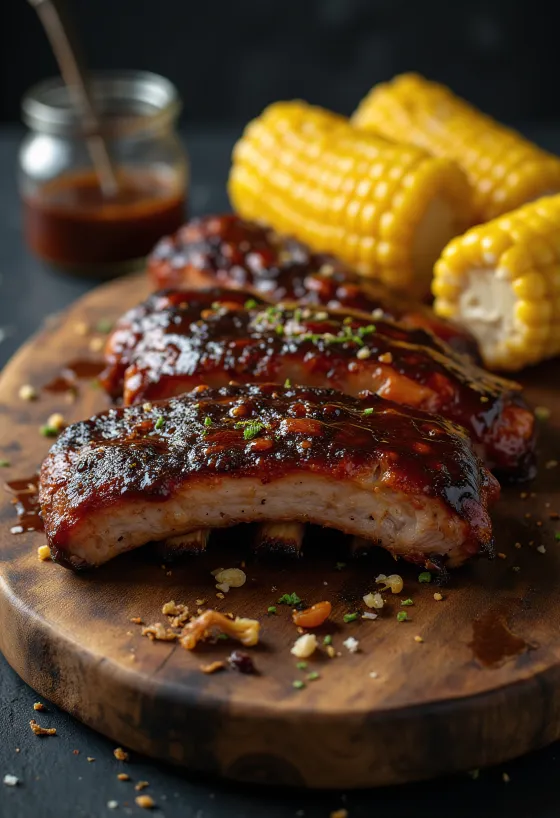 Iga sapi BBQ panggang yang mengkilap disajikan dengan jagung rebus