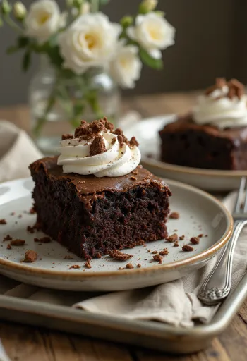 Kue cokelat brownie dengan krim kocok dan serutan cokelat