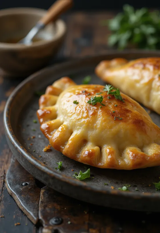 Empanada kentang bawang putih dipanggang cokelat keemasan