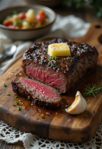 Steak kudu disajikan dengan irisan lemon dan sayuran.