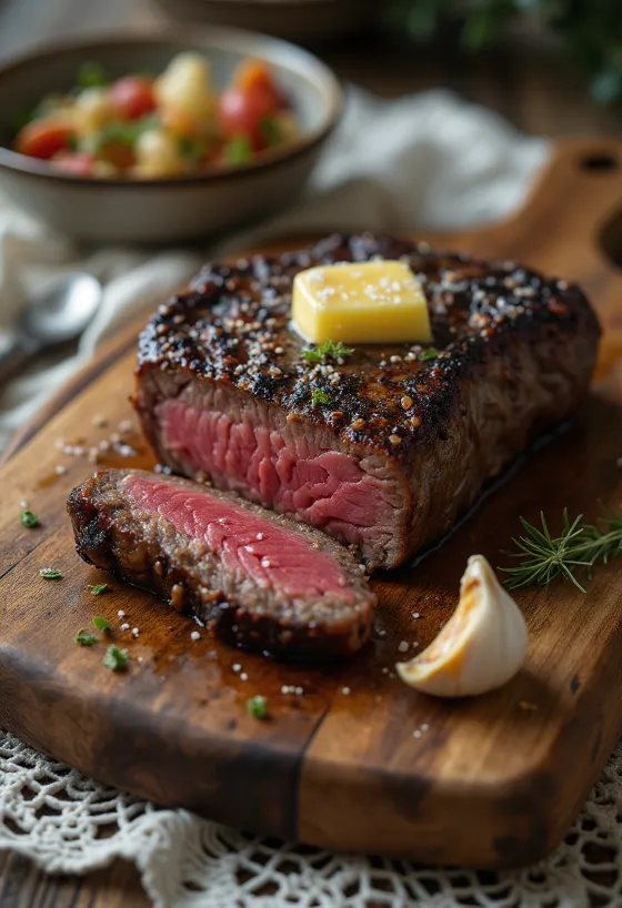 Steak kudu disajikan dengan irisan lemon dan sayuran.