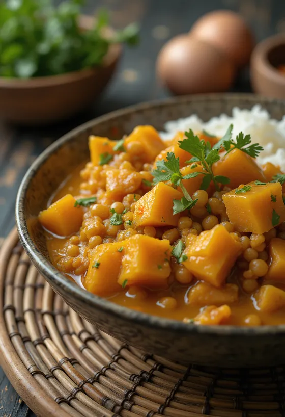 Kari lentil dengan ubi jalar disajikan