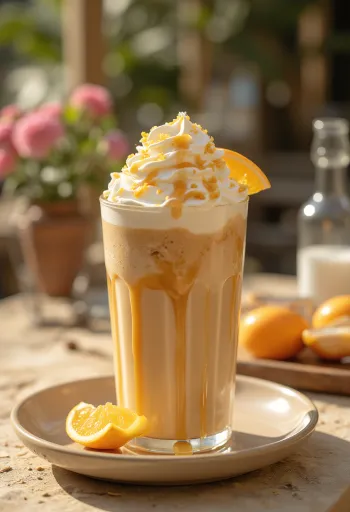Minuman kopi frappe jeruk karamel dihiasi dengan krim kocok dan kulit jeruk