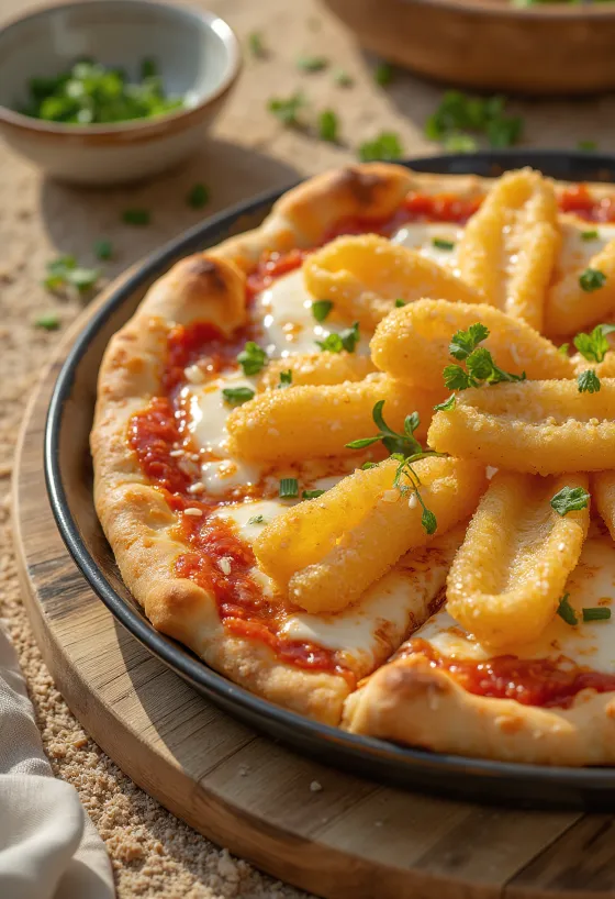 Pizza Jepang sayuran tempura disajikan