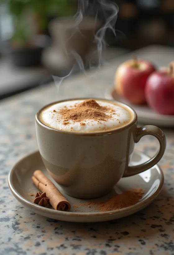 Chai latte apel krimi dalam cangkir dengan kayu manis