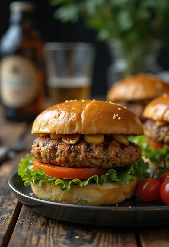 Burger lentil bakar dengan daging cincang, disajikan dengan sayuran segar dan saus