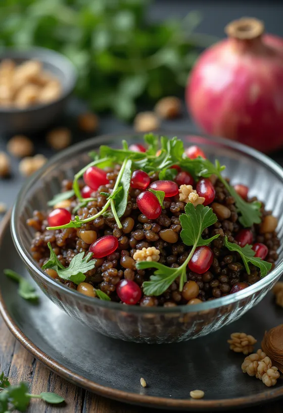 Salad Lentil dengan Delima disajikan