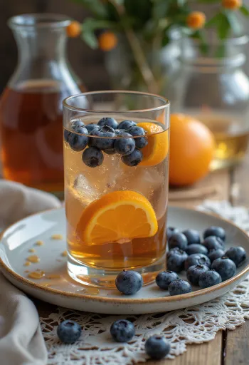 Minuman cider madu blueberry dihiasi dengan irisan jeruk dan blueberry