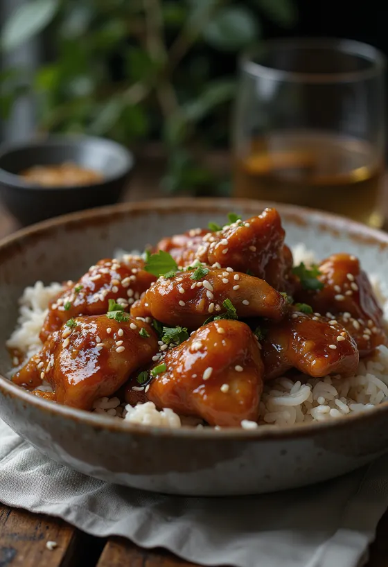 Ayam madu panggang cokelat keemasan, ditaburi biji wijen dan rempah segar