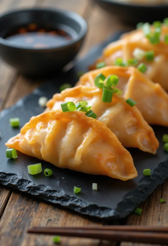 Salmon Gyoza disajikan dengan isian salmon dan saus celup kecap asin
