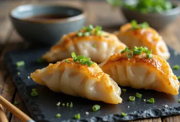 Salmon Gyoza disajikan dengan isian salmon dan saus celup kecap asin