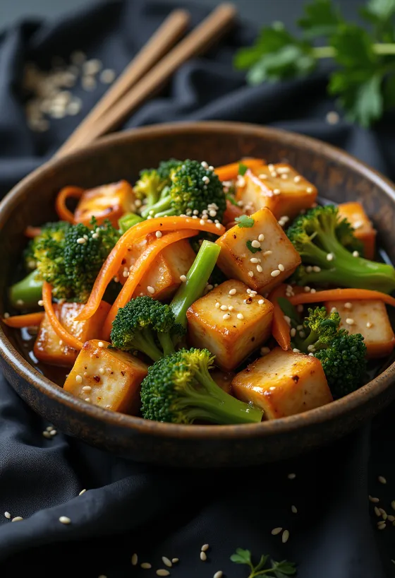Tofu stir fry dengan sayuran renyah disajikan dalam mangkuk