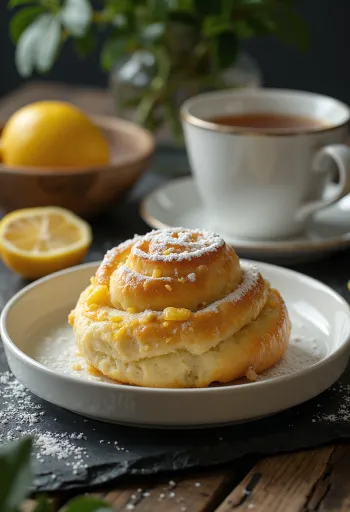 Roti gulung lemon disajikan di atas piring