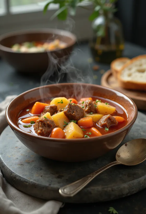 Sup goulash tradisional dengan potongan daging yang kaya dan sayuran, dibumbui dengan paprika merah.