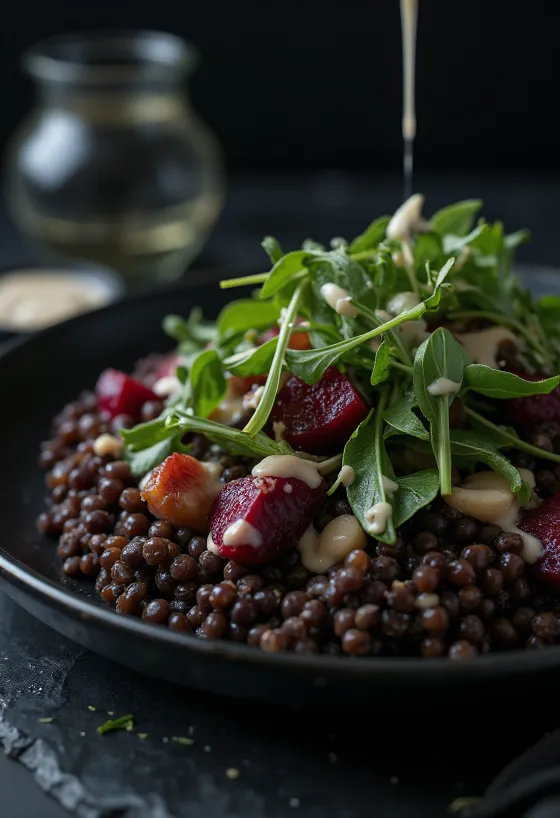 Salad lentil dengan bit panggang disajikan