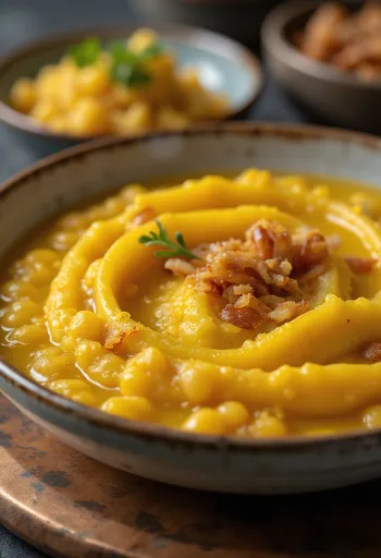 Setup kacang polong kuning dengan peterseli segar dan topping renyah