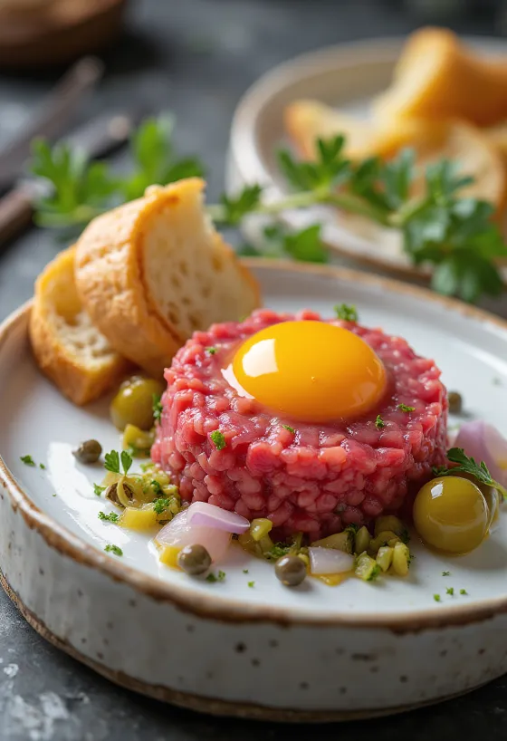 Steak Tartare disajikan dengan kuning telur dan roti panggang