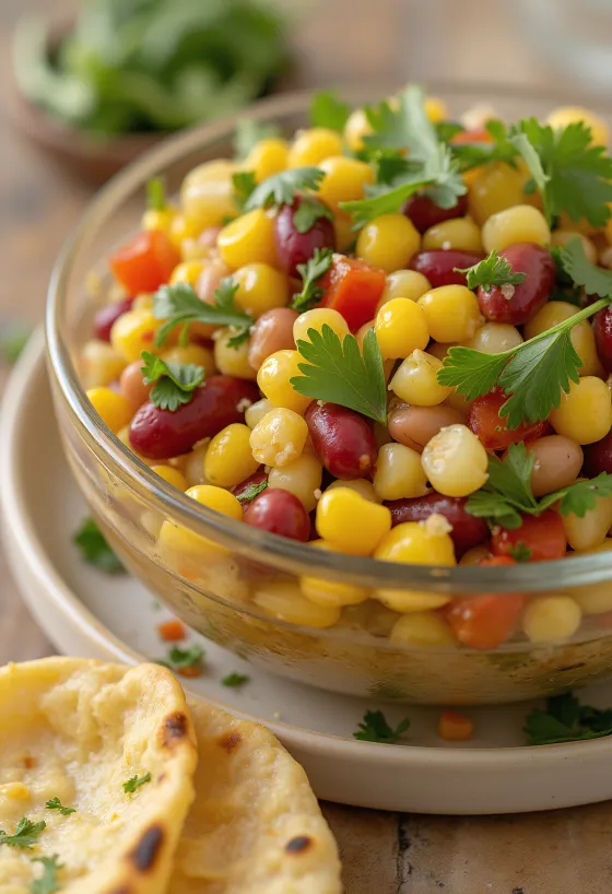 Salad kacang vegan dengan jagung disajikan dalam mangkuk kaca